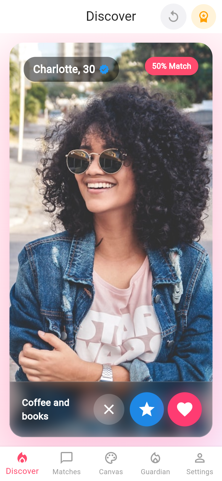 Swipe Right Discover screen showing a profile card with compatibility match score