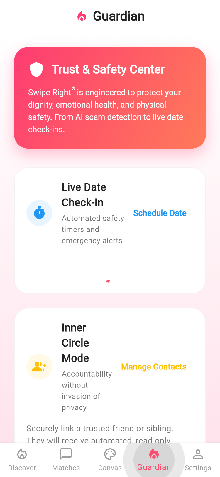 Swipe Right Guardian screen showing the Trust & Safety Center, Live Date Check-In, and Inner Circle Mode